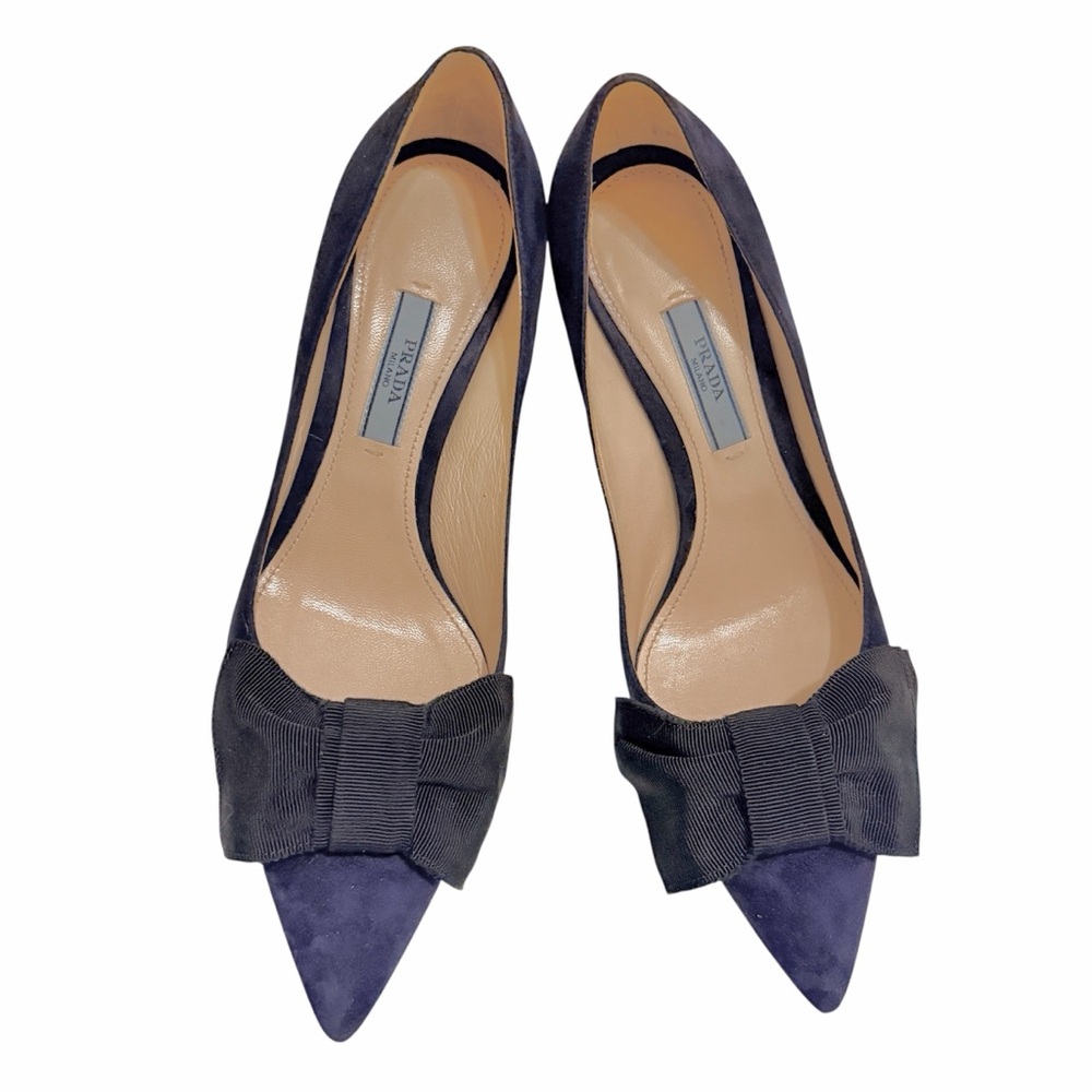 Prada Navy Suede Bow Pumps – Pointed Toe Kitten Heel – Size 36.5 – Made in Italy